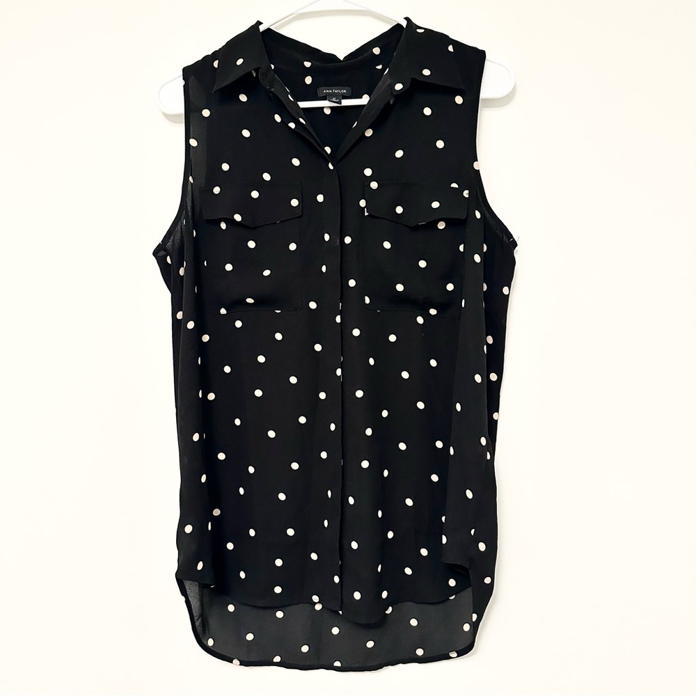 Ann Taylor Black Sleeveless Button Down Blouse Polka Dot Tank Top Women's TALL S